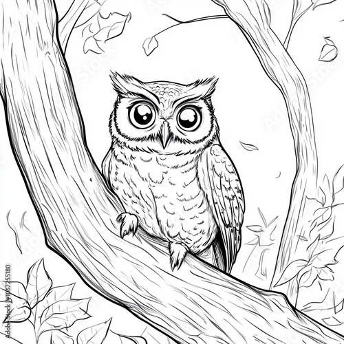 Cute kind owl sitting on the tree in the forest. Black and white vector illustration for coloring book photo