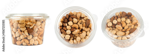 set of various nuts in a plastic container. Cashew, migdal and hazelnut. Isolated from background