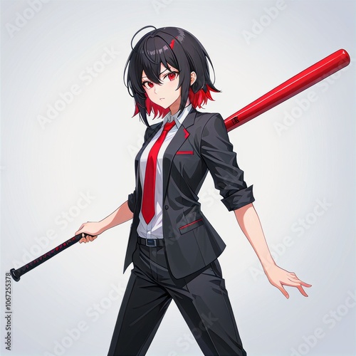 Trendy cosplayer in black clothes and wig touching red tie and holding baseball bat on white aesthetic anime photo