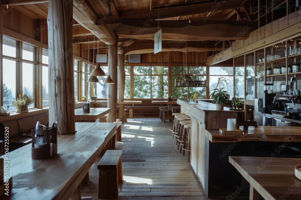 A rustic, wooden café interior with warm tones and natural light streaming through large windows, exuding a cozy and inviting atmosphere. A rustic, wooden café interior with warm tones and natural light streaming through large windows, exuding a cozy and inviting atmosphere.
