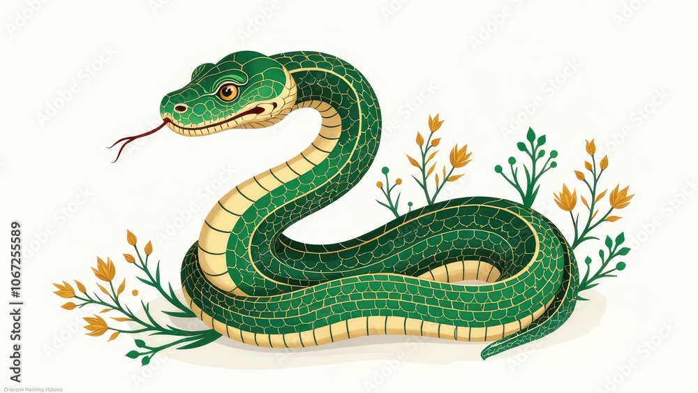 Obraz premium Illustration of green snake zodiac sign with with floral ornament on white background, symbol new year