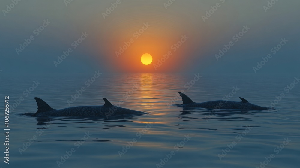 Fototapeta premium SEALs in Water - Silhouettes of SEALs in calm water, reflecting the early morning light and the distant sun rising.