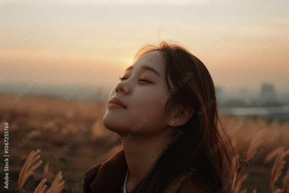 Woman basking in the gentle glow of a sunset, eyes closed, surrounded by a serene, grassy field in quiet contemplation. Woman basking in the gentle glow of a sunset, eyes closed, surrounded by a serene, grassy field in quiet contemplation.