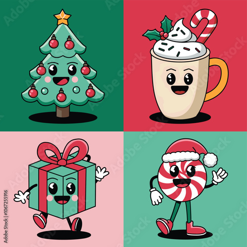 Set of festive cartoon characters featuring a Christmas tree, hot cocoa, gift box, and candy cane, each with playful expressions, on colorful backgrounds.  
