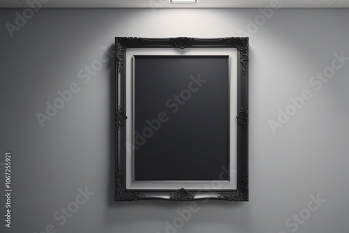 A blank picture-frame mock-up on a wall at the end of hallway, black and white tones, horizontal composition photo