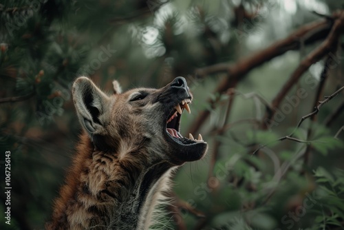 A hyena tilts its head back, mouth open wide in a powerful call, surrounded by dense forest greenery, embodying the raw energy of the wild. photo