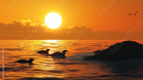 SEALs Silhouette Ocean - Silhouettes of SEALs at the water's edge, bathed in the warm glow of a setting sun over the ocean. photo