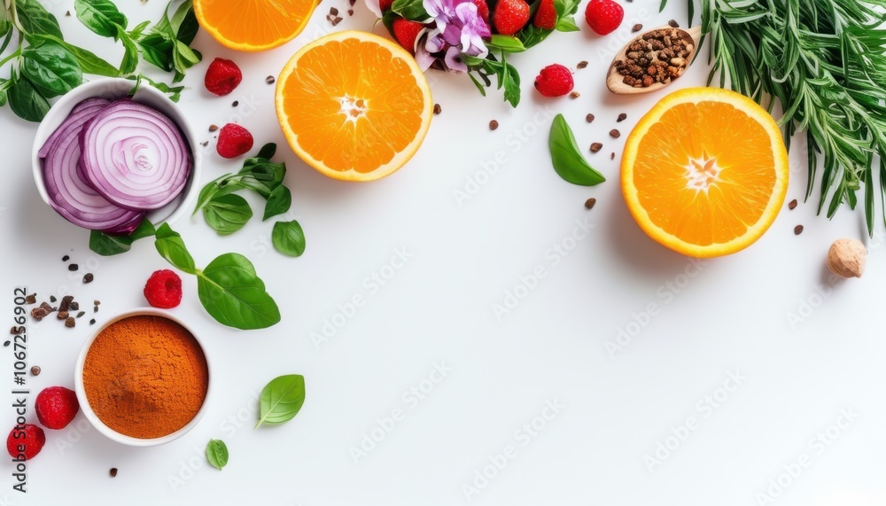 fresh herbs spices, and oranges on a white background