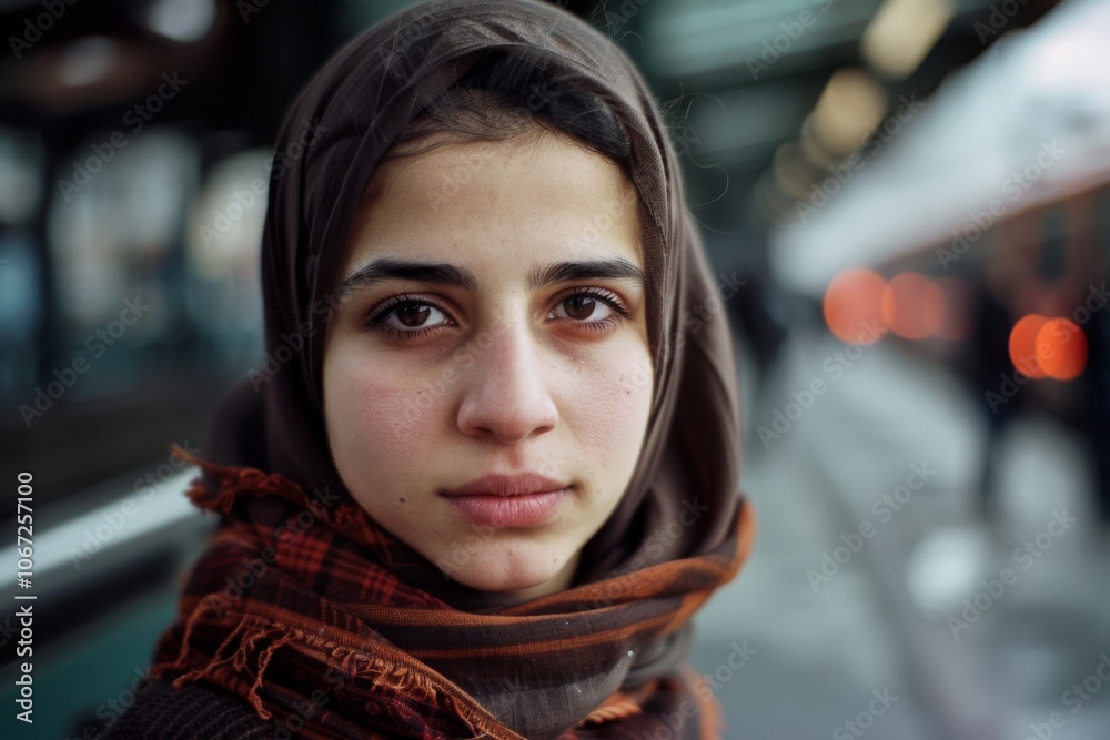 A young woman with an intense gaze stands against a blurred urban background, evoking strength and determination. A young woman with an intense gaze stands against a blurred urban background, evoking strength and determination.