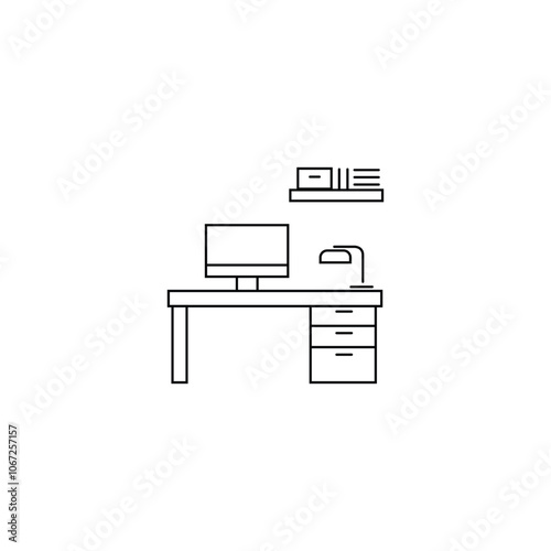 Creative work place icon vector line art illustration.