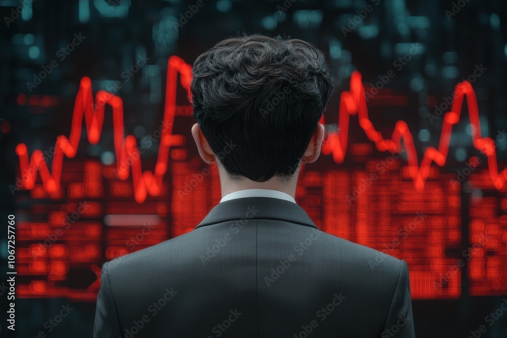 A man in a suit analyzes fluctuating stock market data displayed in red on a digital screen. A man in a suit analyzes fluctuating stock market data displayed in red on a digital screen.