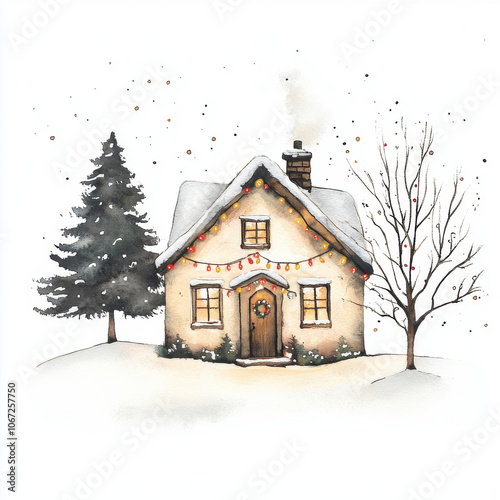 cozy cottage adorned with Christmas lights stands in snowy winter landscape, surrounded by pine tree and bare tree, evoking festive and serene atmosphere