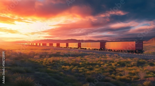 high-speed delivery truck racing through a green countryside, with a colorful sunrise