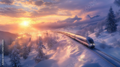 high-speed train traveling through a snow-covered landscape, carrying goods