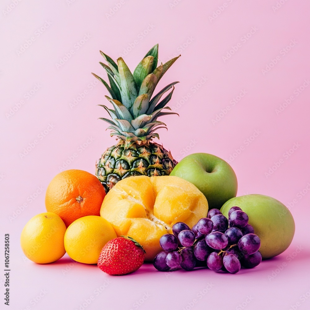 photo of fresh fruits good looking fresh, fruits, delicious, creative, advertisement, pink background, artistic. front view photography.generative ai photo of fresh fruits good looking fresh, fruits, delicious, creative, advertisement, pink background, artistic. front view photography.generative ai