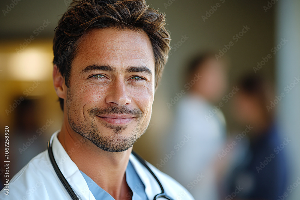 a doctor walking through the hospital, greeted with smiles from colleagues. a doctor walking through the hospital, greeted with smiles from colleagues.