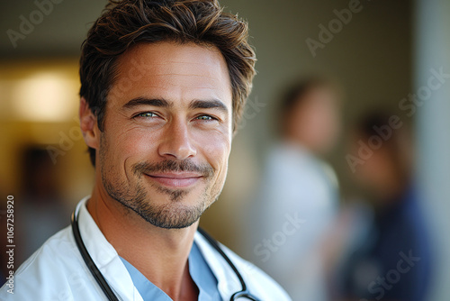 a doctor walking through the hospital, greeted with smiles from colleagues.