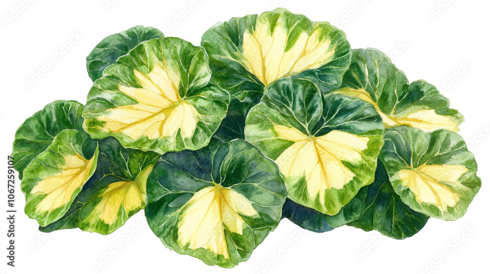 Obraz premium Vibrant variegated foliage, lush green, yellow center, botanical art, nature's intricate patterns, leafy cluster. Isolated on white background or PNG