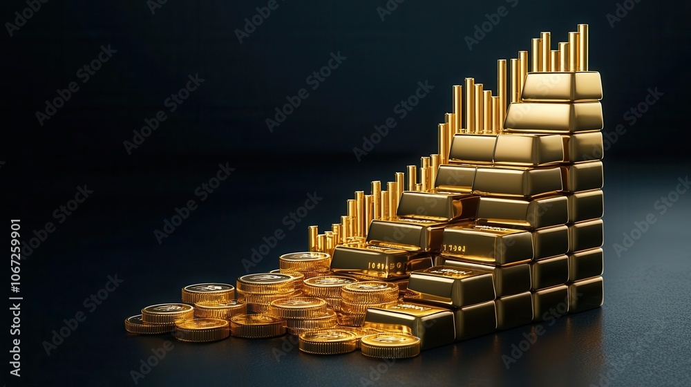 Gold bars and coins arranged to illustrate financial growth against a dark background. Gold bars and coins arranged to illustrate financial growth against a dark background.