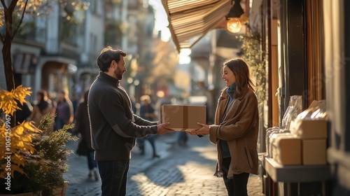 courier handing a customer a package with contactless delivery, both wearing masks