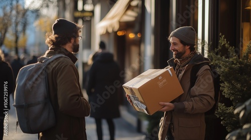 courier handing a customer a package with contactless delivery, both wearing masks