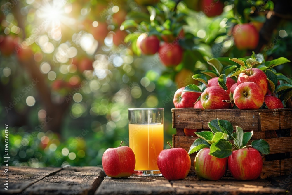 A glass of apple juice alongside a crate of freshly picked red apples on a rustic table, with a vibrant apple orchard and sunlight in the background.
A glass of apple juice alongside a crate of freshly picked red apples on a rustic table, with a vibrant apple orchard and sunlight in the background.