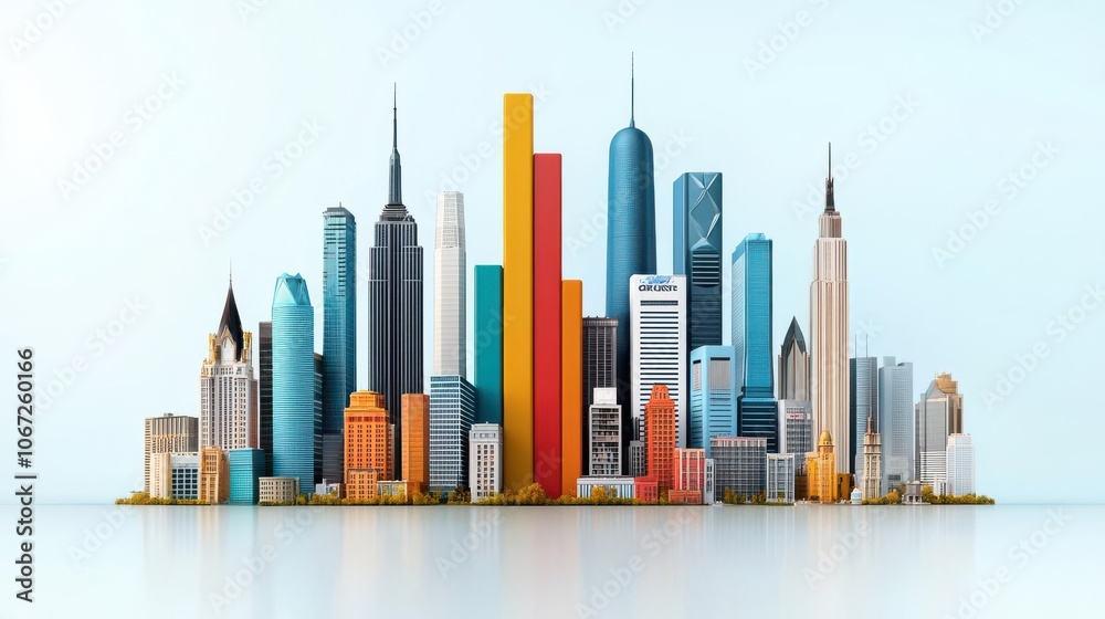 Colorful skyline of modern skyscrapers against a light blue background, showcasing urban architecture. Colorful skyline of modern skyscrapers against a light blue background, showcasing urban architecture.