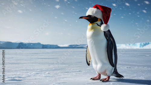 An Emperor penguin stands on the right side of the picture wearing a red hat like Santa Claus Standing in the snowy atmosphere in the North Pole. photo