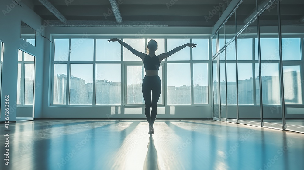 Fototapeta premium passionate dance student practicing moves in a bright studio with floor-to-ceiling mirrors, elegant lighting
