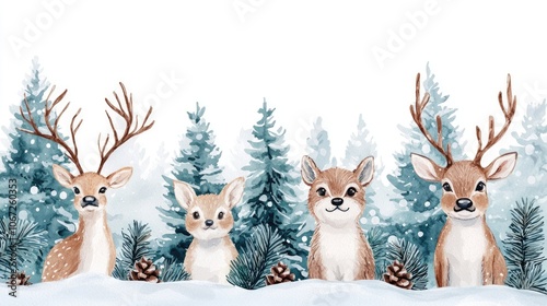 Fototapeta Naklejka Na Ścianę i Meble -  A serene winter scene featuring four adorable deer surrounded by snow-covered trees and pine cones, evoking a peaceful holiday atmosphere.