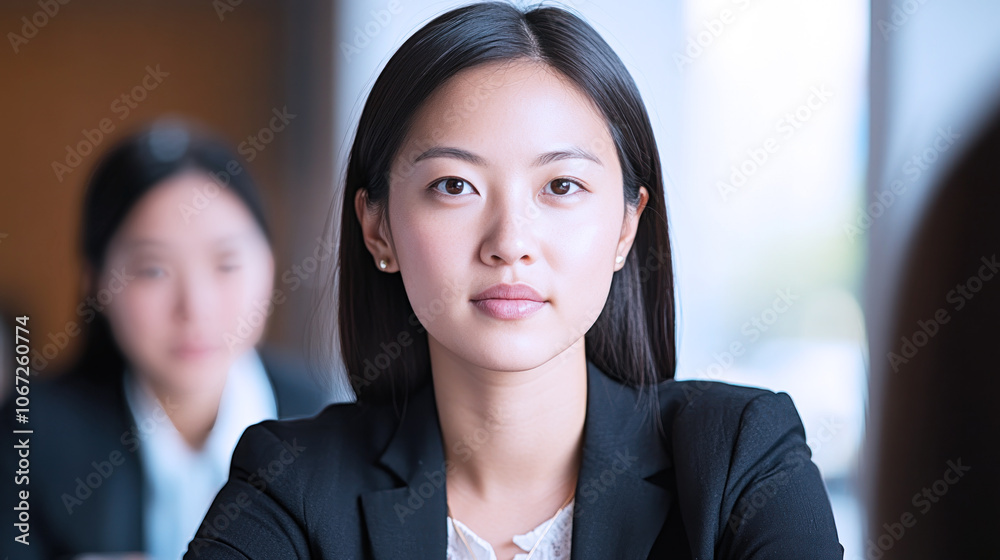Japanese business woman talking to colleagues at a meeting or job interview Japanese business woman talking to colleagues at a meeting or job interview