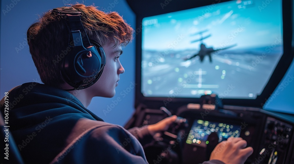 pilot trainee in a flight simulator, focused on the controls pilot trainee in a flight simulator, focused on the controls