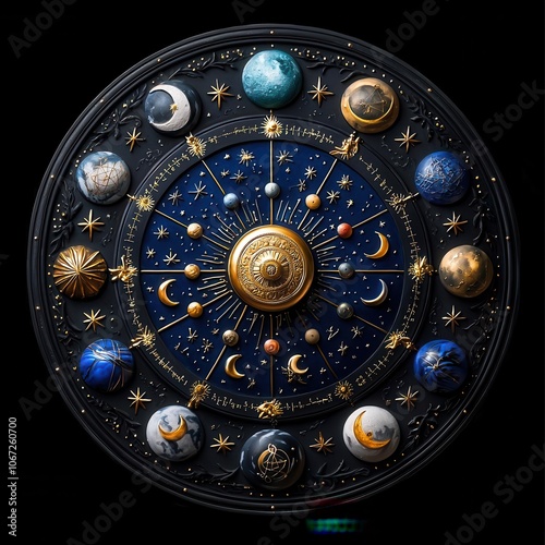 Wallpaper Mural Astrological chart displaying planets and zodiac symbols, intricate design on dark background. Torontodigital.ca
