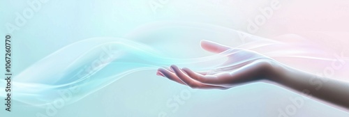 Hands reach out,light waves flow,abstract background for energy therapy and medicine,copy space. photo