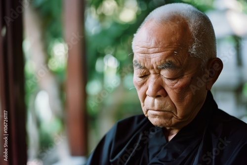 An elderly man with closed eyes sits with a serene expression amidst a lush, blurred background, conveying peace and reflection.