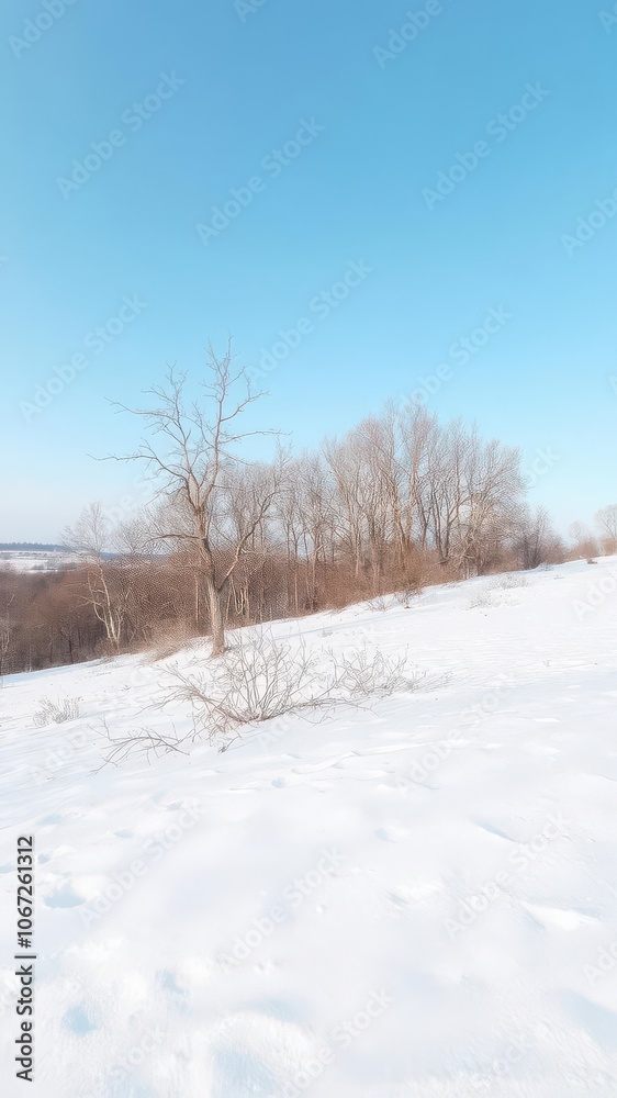Snow-covered landscape with barren trees and a clear blue sky in the background, snow Snow-covered landscape with barren trees and a clear blue sky in the background, snow
