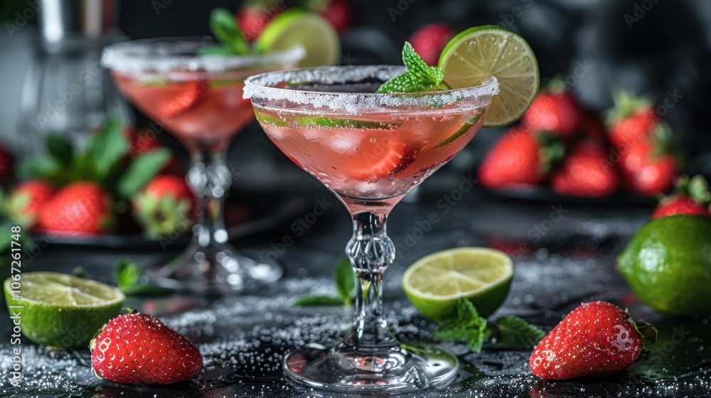 Two strawberry martinis with salted rims, garnished with fresh mint and lime, surrounded by strawberries and limes for a refreshing and elegant cocktail presentation.

