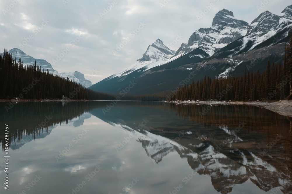Majestic mountains reflect in a serene lake beneath a cloudy sky, framed by dense evergreens, creating a tranquil wilderness scene.