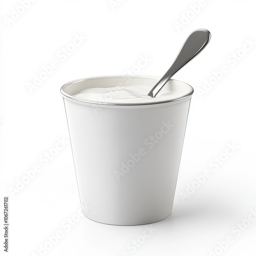 A traditional yogurt cup with a spoon, showing a smooth and thick texture, isolated on a white background for a refreshing dairy look