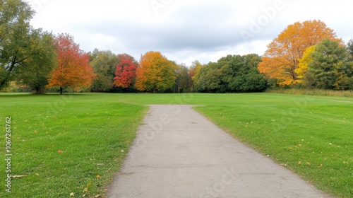 A serene pathway leads through vibrant autumn trees, showcasing rich colors against a cloudy sky in a tranquil park setting.