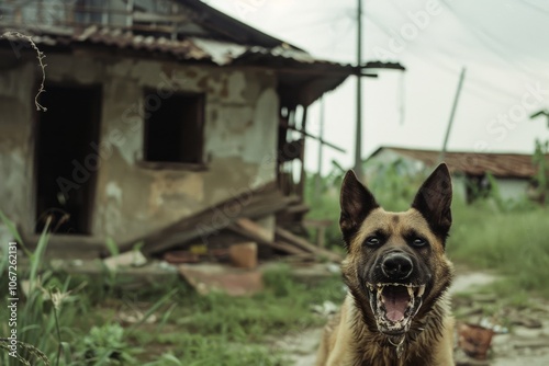 A determined dog growls fiercely outside a decaying, abandoned house, evoking a sense of protection and territoriality. photo