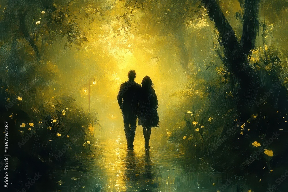 couple walking through a misty forest path during rain soft dappled light filtering through lush foliage creating an enchanting serene atmosphere reminiscent of a lofi anime style couple walking through a misty forest path during rain soft dappled light filtering through lush foliage creating an enchanting serene atmosphere reminiscent of a lofi anime style