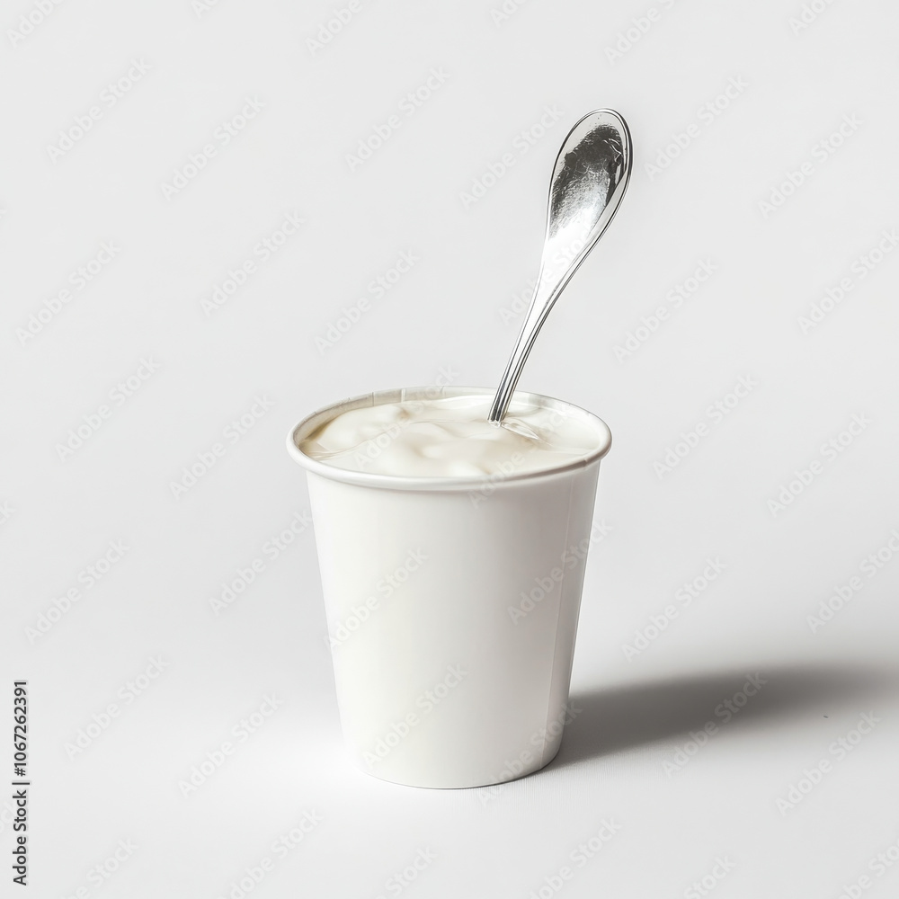 A freshly opened cup of Greek yogurt with a spoon, isolated on a white background, showing thick, creamy consistency