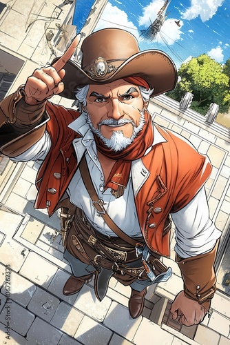 A confident pirate character gesturing with a hat in a vibrant outdoor setting.