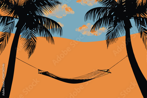 A vibrant tropical island background featuring a swaying hammock strung between palm trees, with turquoise ocean water in the distance.