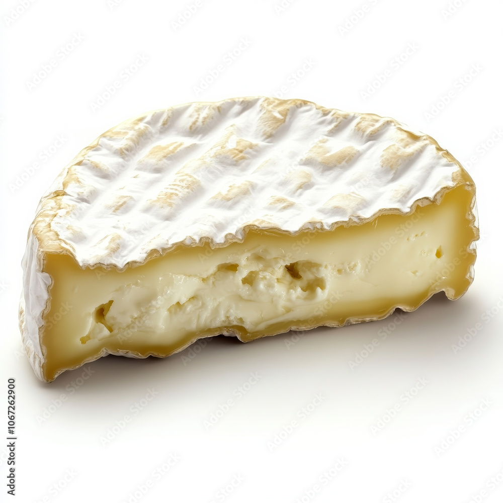 A soft wedge of Camembert cheese with a creamy interior and white rind, isolated on a white background for a gourmet appearance