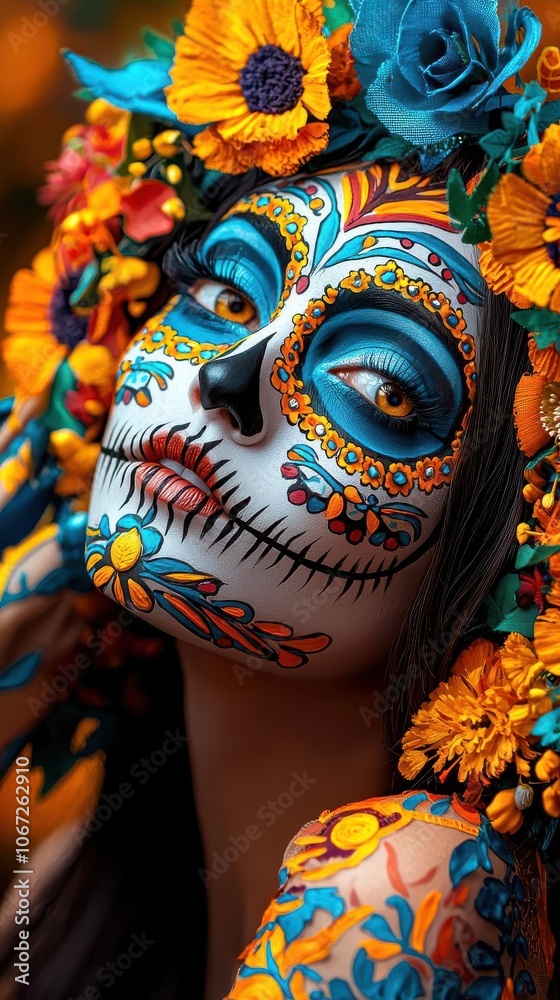 Fototapeta premium Woman with vibrant sugar skull face paint adorned with flowers, celebrating Dia de los Muertos.