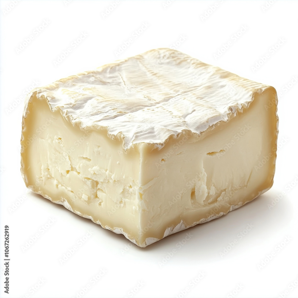 A soft block of brie cheese with a creamy, white rind, slightly cut to reveal the soft interior, isolated on a white background A soft block of brie cheese with a creamy, white rind, slightly cut to reveal the soft interior, isolated on a white background