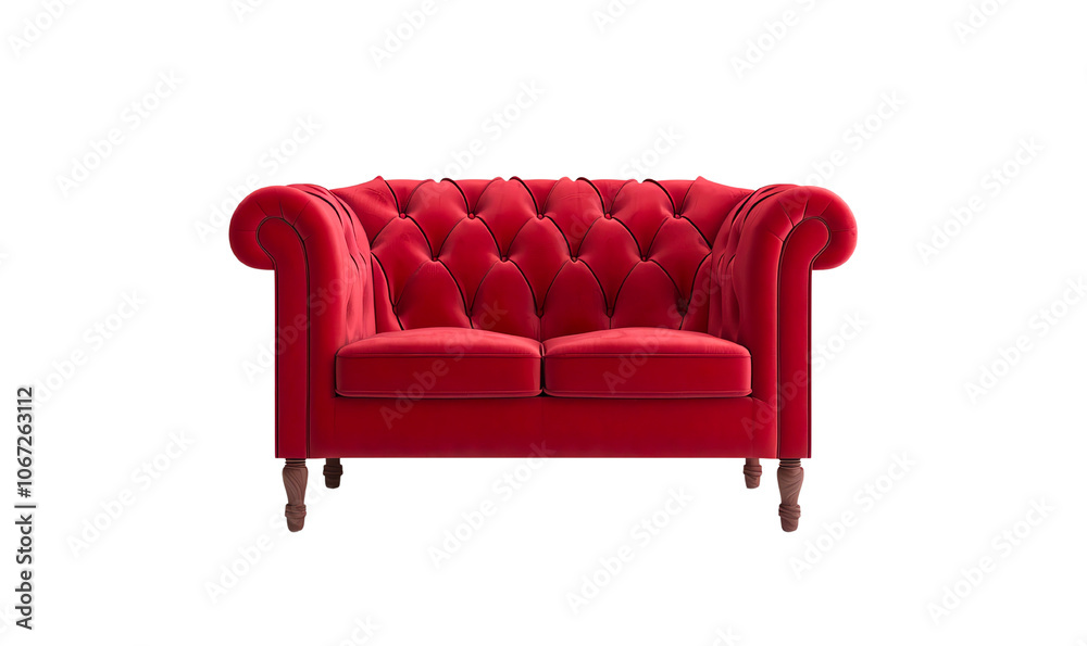 Cute red loveseat sofa isolated on a transparent background.