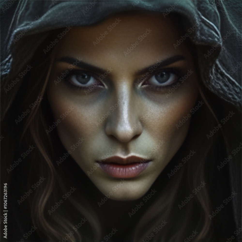 A woman with a hood over her head and a dark hoodie A woman with a hood over her head and a dark hoodie